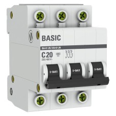 Автоматический выключатель 3P 20А (C) 4,5кА ВА 47-29 Basic (mcb4729-3-20C). Автоматический выключатель. EKF