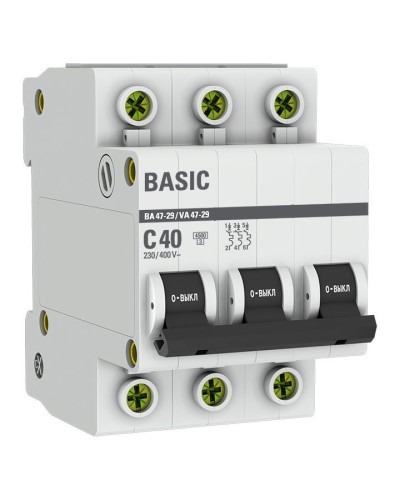 Автоматический выключатель 3P 40А (C) 4,5кА ВА 47-29 Basic (mcb4729-3-40C). Автоматический выключатель. EKF во Владивостоке
