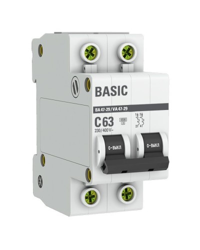 Автоматический выключатель 2P 63А (C) 4,5кА ВА 47-29 Basic (mcb4729-2-63C). Автоматический выключатель. EKF во Владивостоке