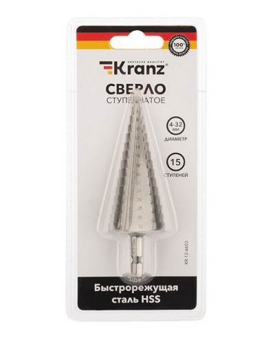 Сверло по металлу ступенчатое 4,0-32,0 мм 102 mm 62 HRC Kranz (KR-12-6603): Сверло по металлу шлифованное во Владивостоке
